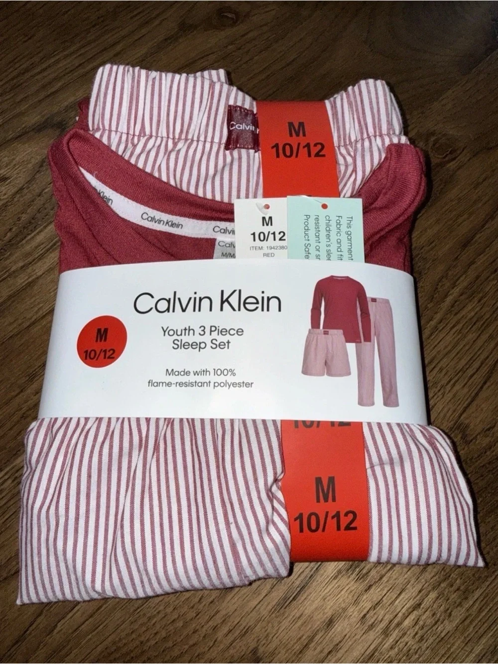 Calvin Klein NWT Girls 3-Piece Red Stripe Pajama Set Size M 10/12- 001*